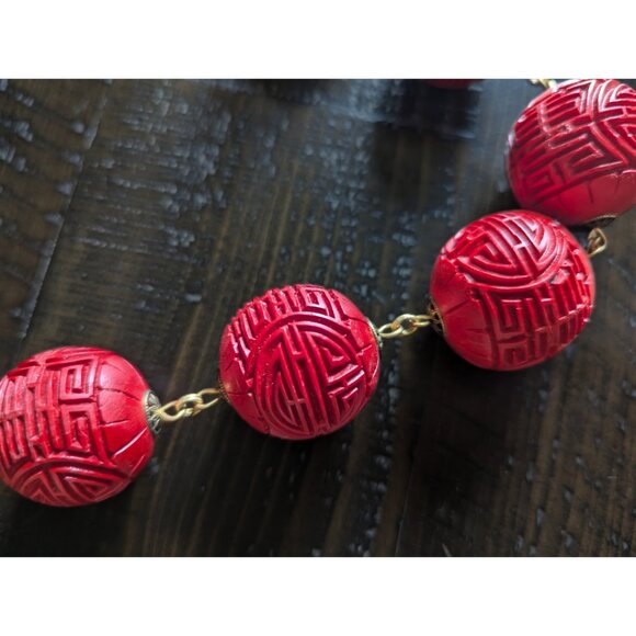 Vintage Chunky Cinnabar Necklace Signed Jan Michaels Carved Beaded Statement - Picture 7 of 7